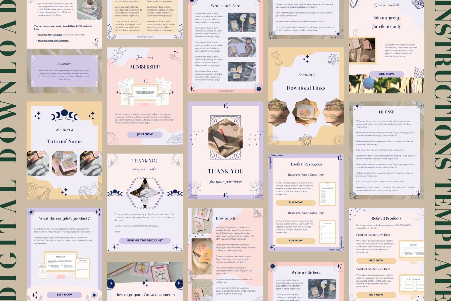 General view of the digital download instructions template from our Mystical Collection that you can modify in Canva.