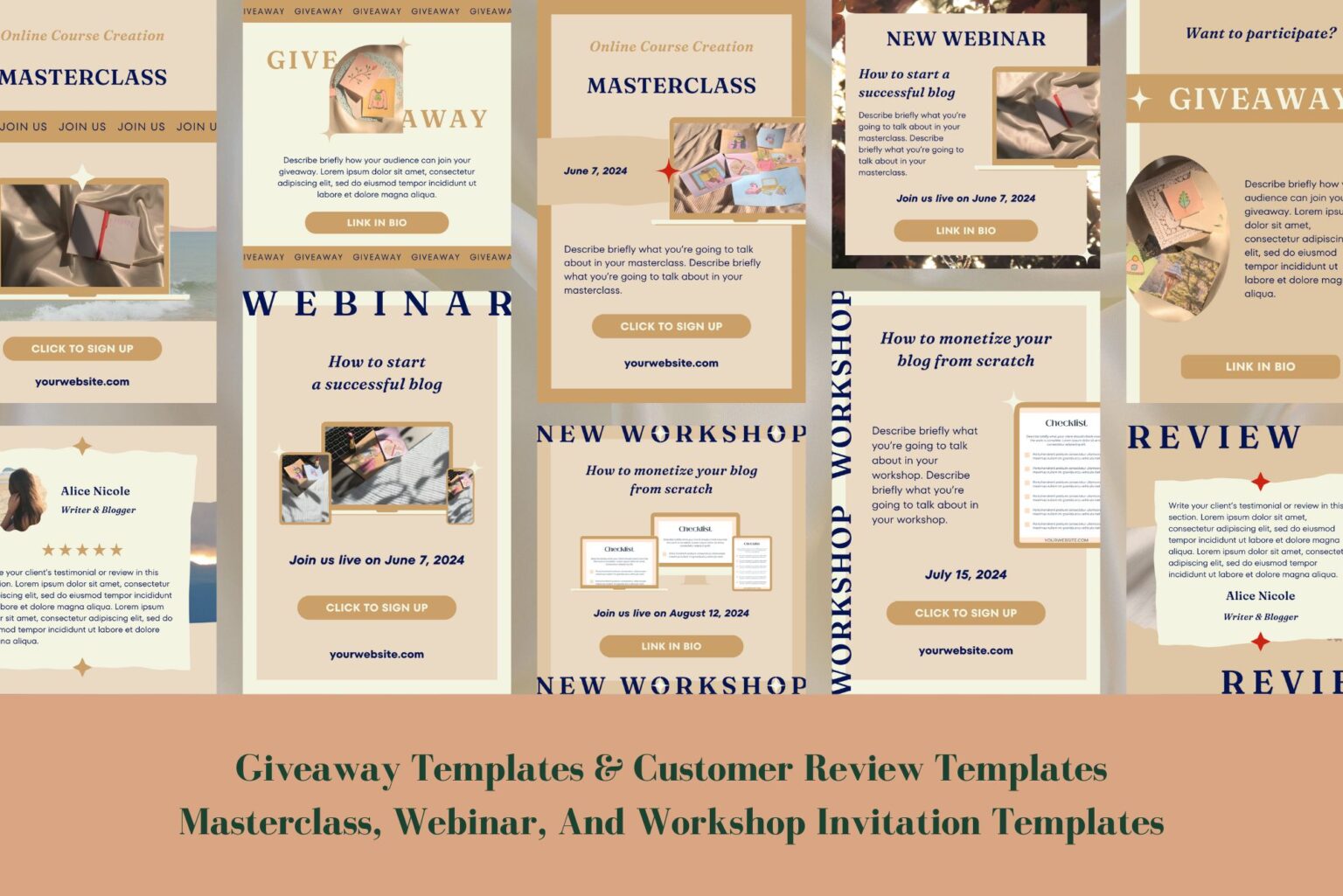 This digital product mockup template for social media includes giveaway templates and customer review templates. It also includes masterclass, webinar, and workshop invitation templates. Example of some of the templates included.