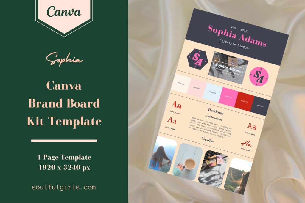 Canva Brand Board Kit Template - Sophia. One page template, available in 1920 x 3240 px. Example of the template.