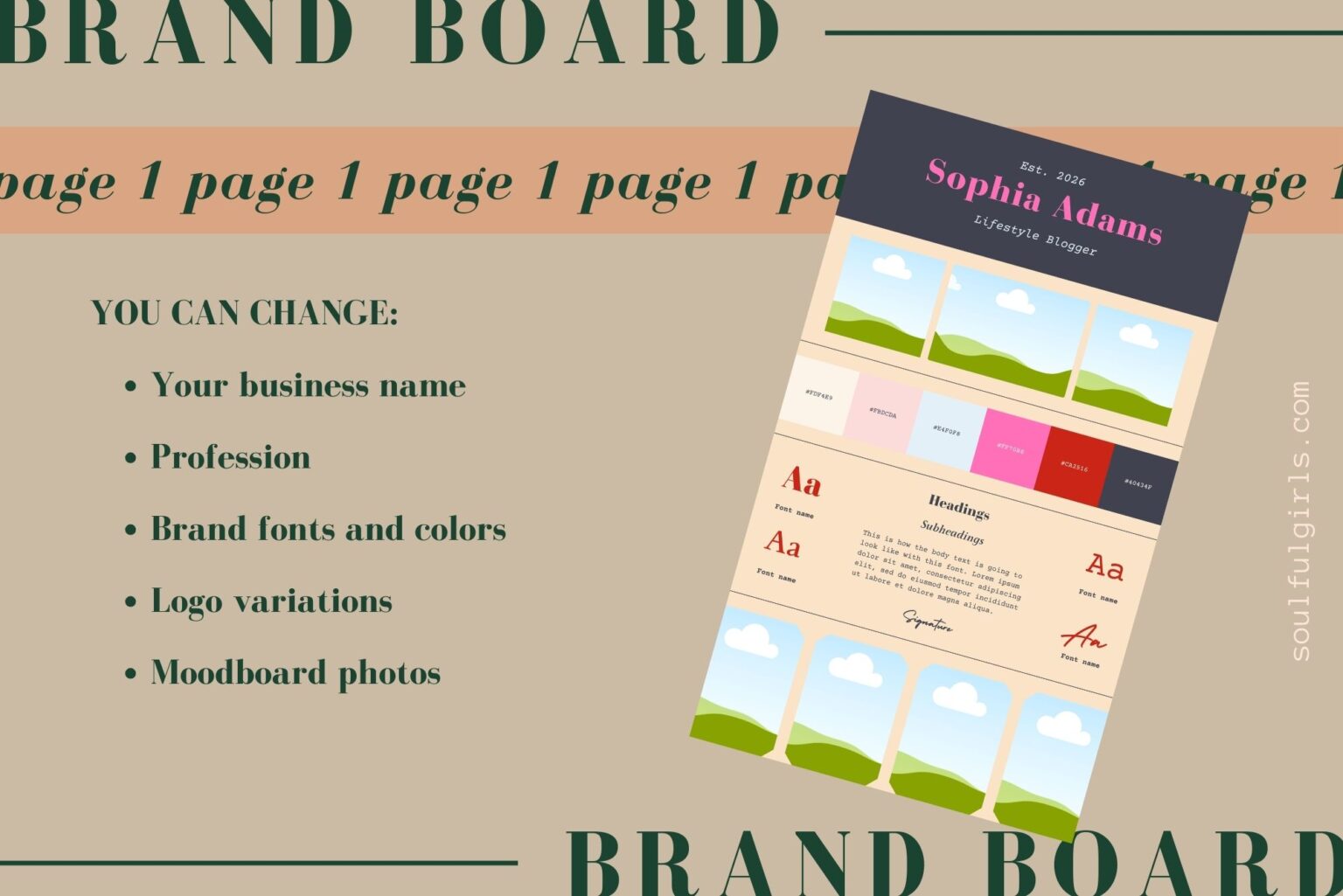 In this brand board kit template for Canva you can change your business name, profession, brand fonts and colors, logo variations, and moodboard photos. Example of the brand board kit template.