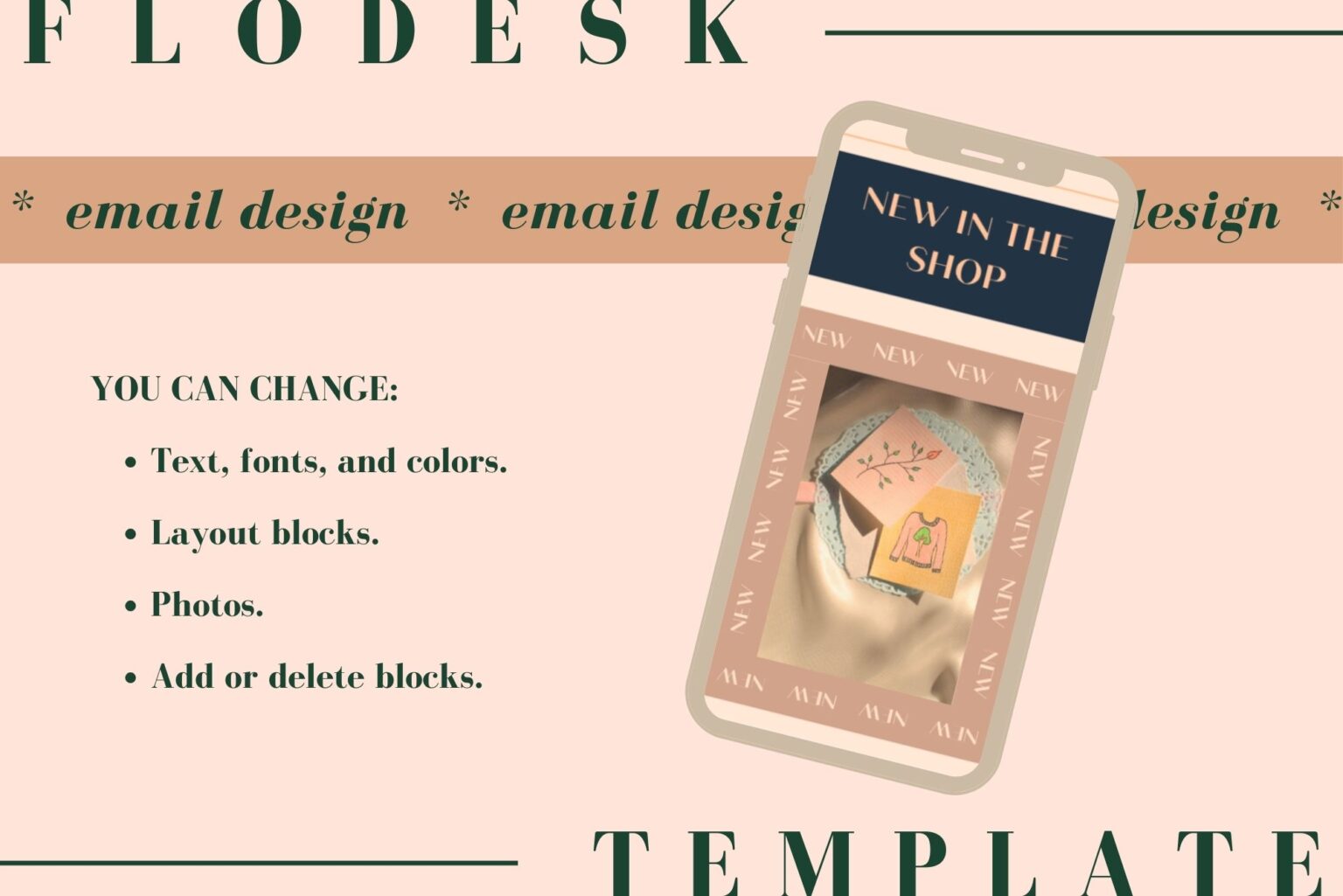 Fully customizable with a Flodesk account. You can change text, fonts, colors, layout blocks, photos, and add or delete elements. Mockup of the Ashley newsletter template.