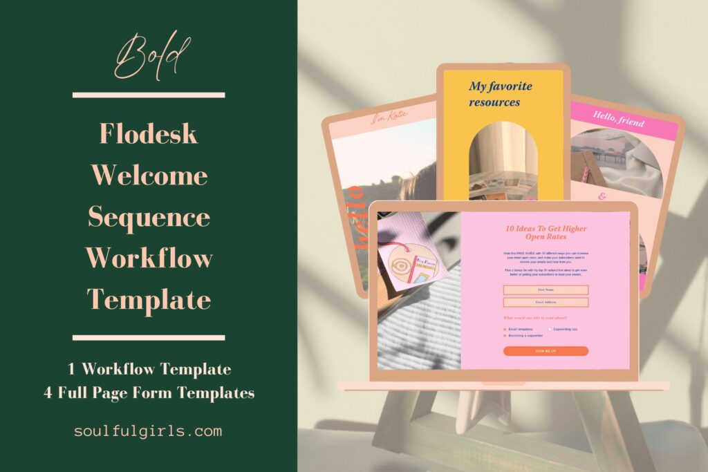 Bold. Flodesk welcome sequence workflow template. One workflow template. Four full page form templates. Mockup of this template.