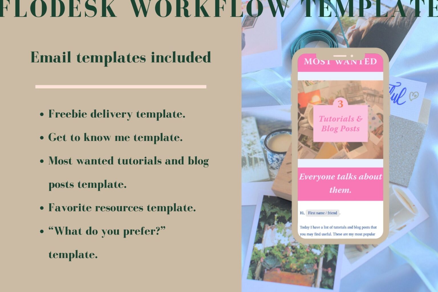 This Flodesk workflow template includes five email templates from our Bold Collection. Mobile mockup of one of the email templates included.