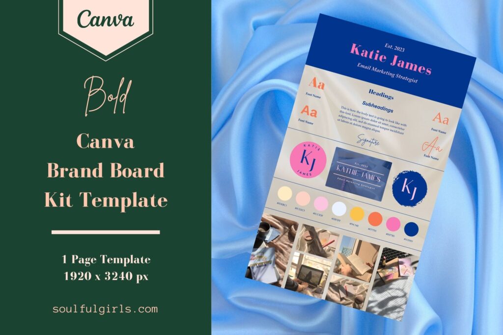 Canva Brand Board Kit Template - Bold. One page template, available in 1920 x 3240 px. Example of the template.