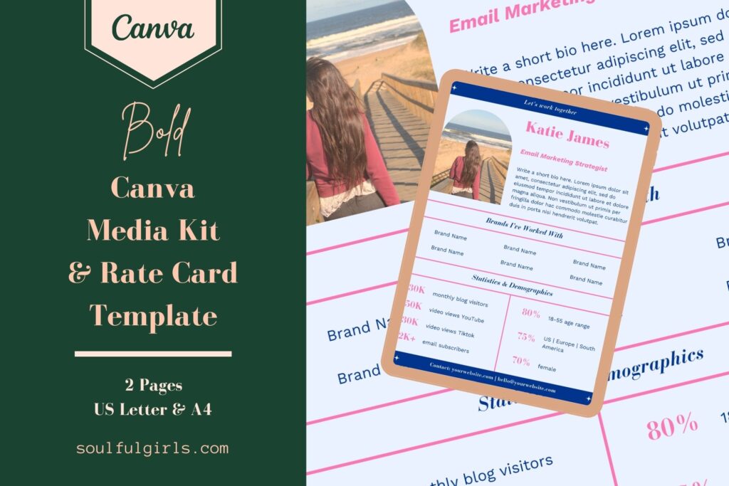 Canva Media Kit And Rate Card Template - Bold. 2 pages. US Letter and A4. Example of the media kit template.
