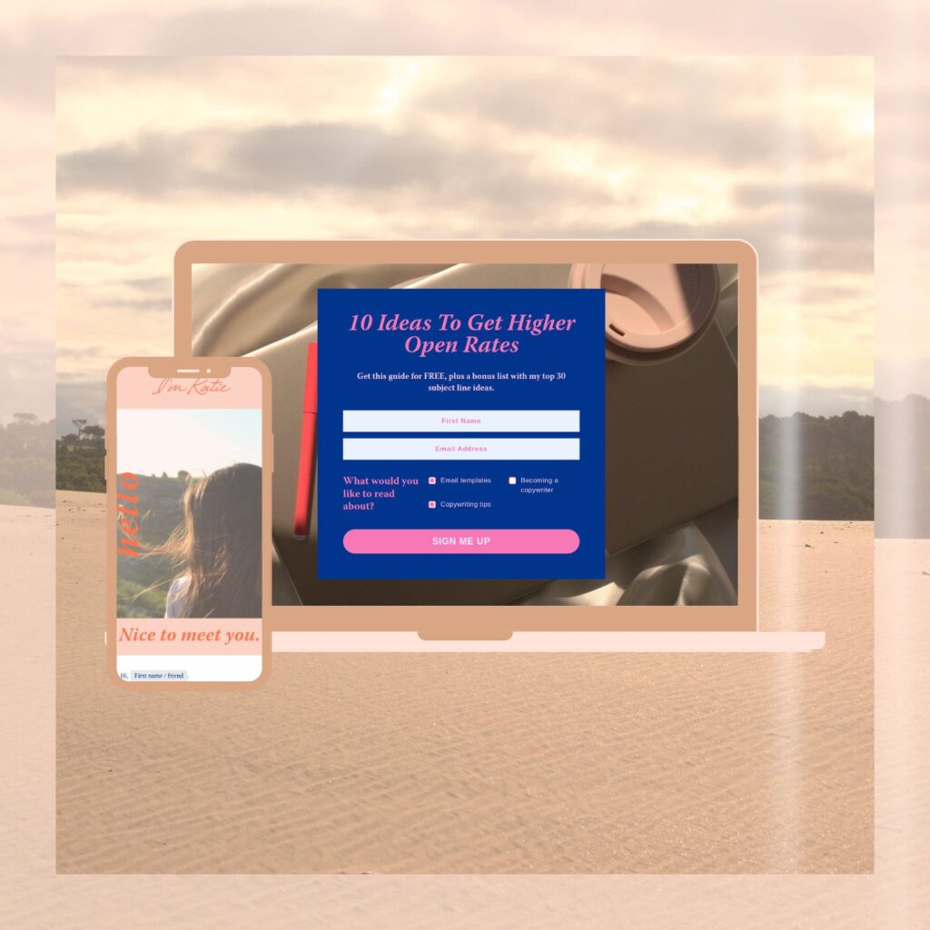 Mockup of an email in Flodesk in mobile view and a full page form in desktop view.