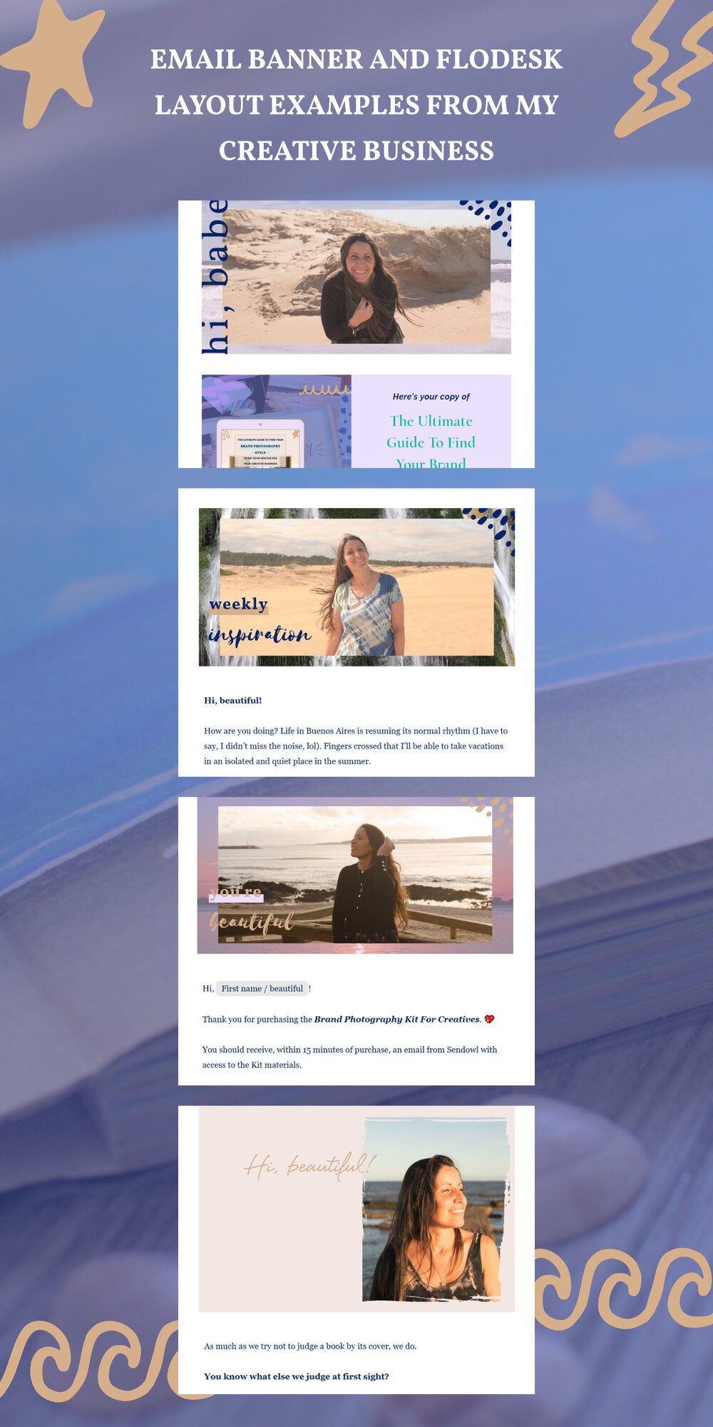 Screenshot of email banner and Flodesk layout examples from the prior branding style of my creative business.