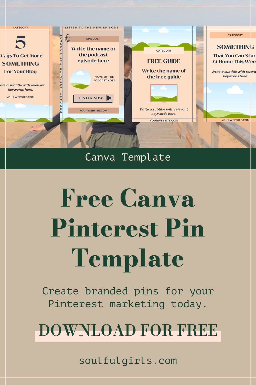 Pin graphic with text and images of the free Pinterest pin template. Free Canva Pinterest pin template. Create branded pins for your Pinterest marketing today. Download for free.